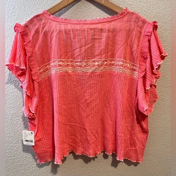 Free People Sarafina Top Boho Cottage Core Embroidered Flutter Crop Pink XL - Picture 10 of 15